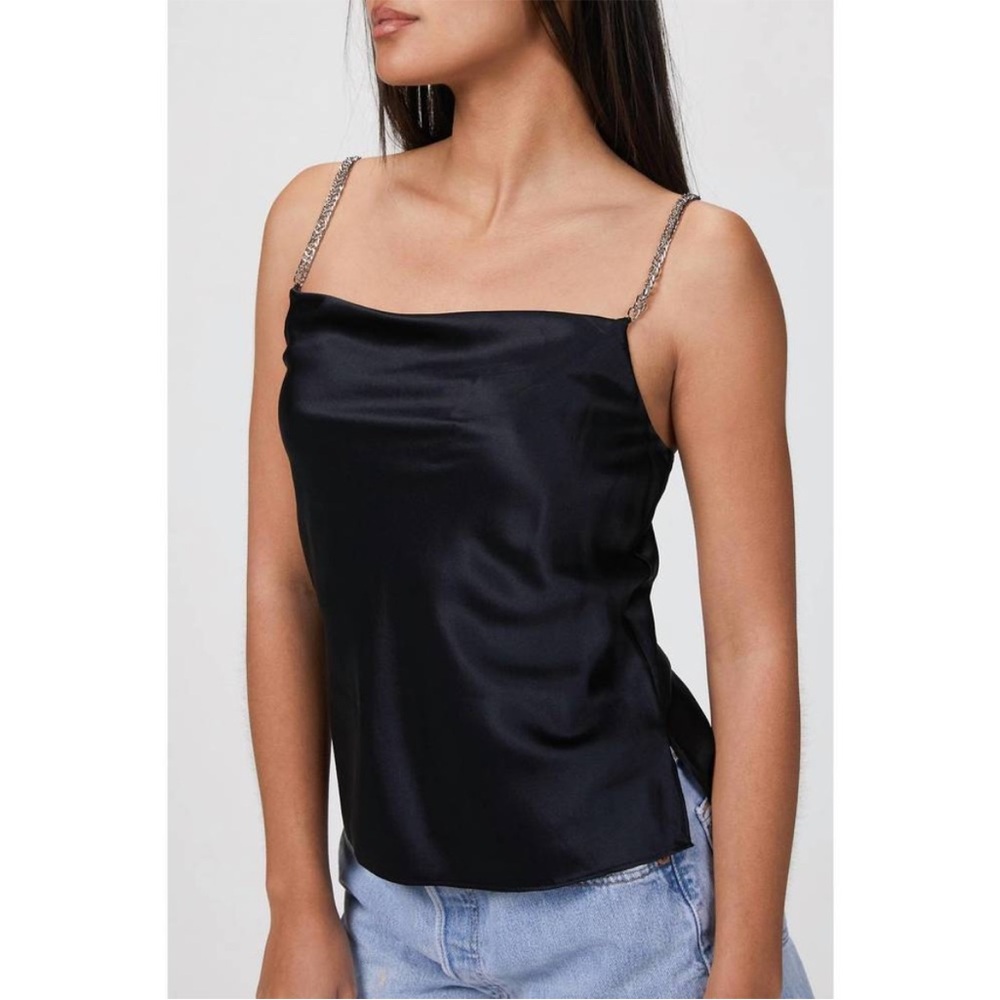CAMI NYC IRINA Black Silk Camisole Square Drape Neck Chain Link Straps XS NWT